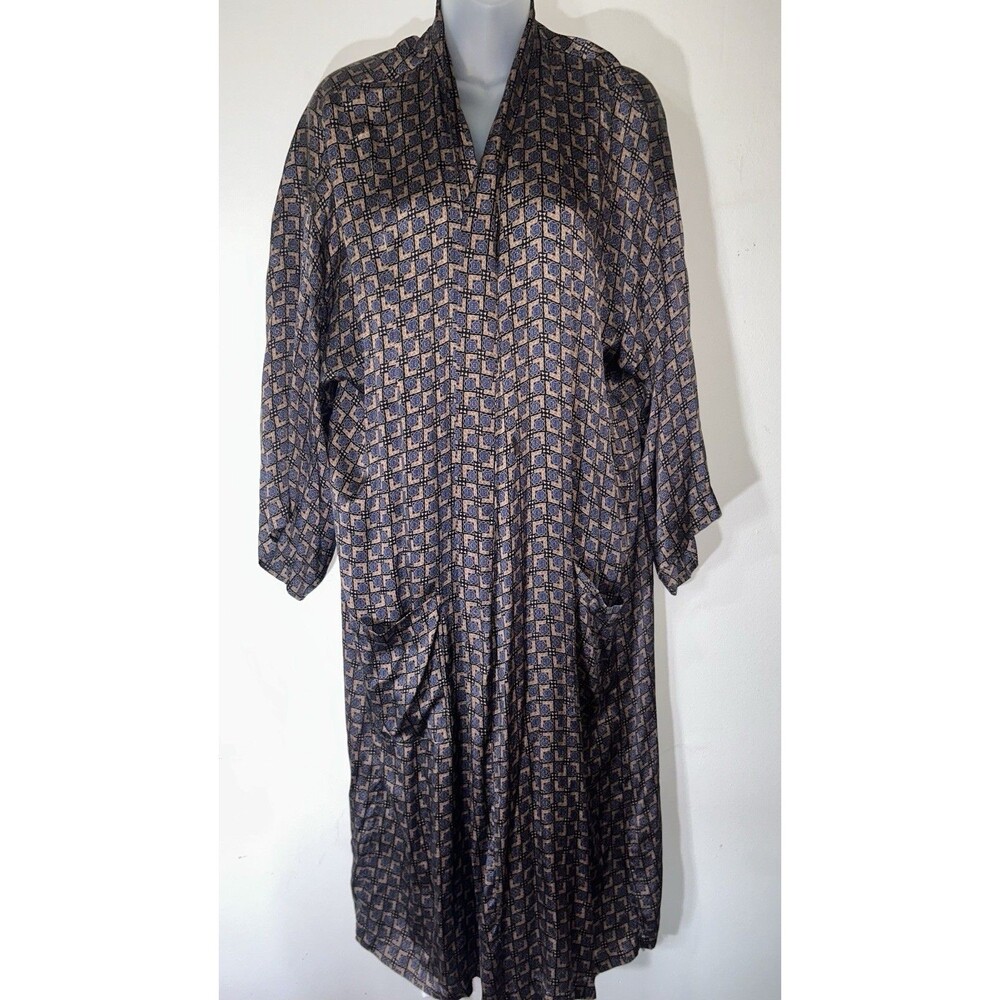 Vintage Reckless 100% Silk Robe Duster Long Kimono Housecoat Geometric Print